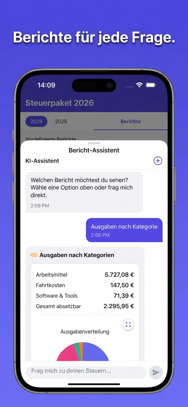 Restio zeigt deinen Verlauf: Brief vom Finanzamt, Kaufberatung Laptop, Kleinunternehmer-Schwelle — alle Konversationen nach Thema sortiert und mit Datum versehen.