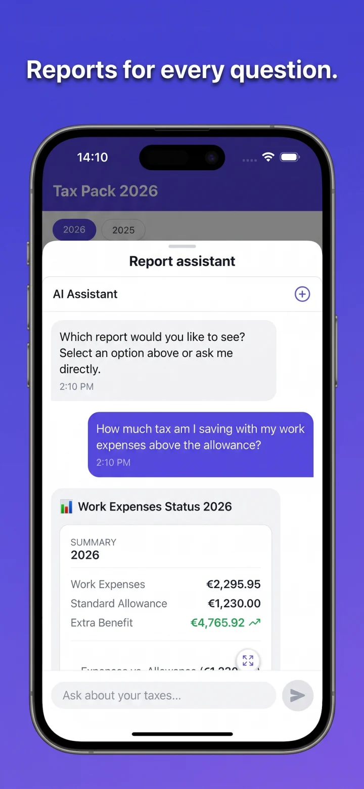 Restio shows your history: Finanzamt letter, laptop purchase decision, Kleinunternehmer threshold — all conversations organized by topic with dates.
