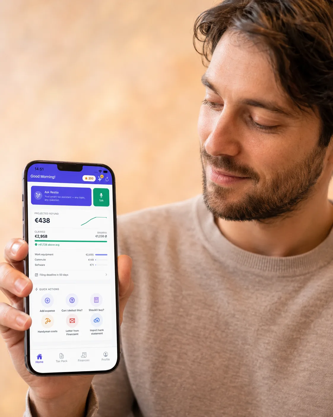Restio home screen with tax topics — tapping 'Letter from Finanzamt' opens the guided flow.
