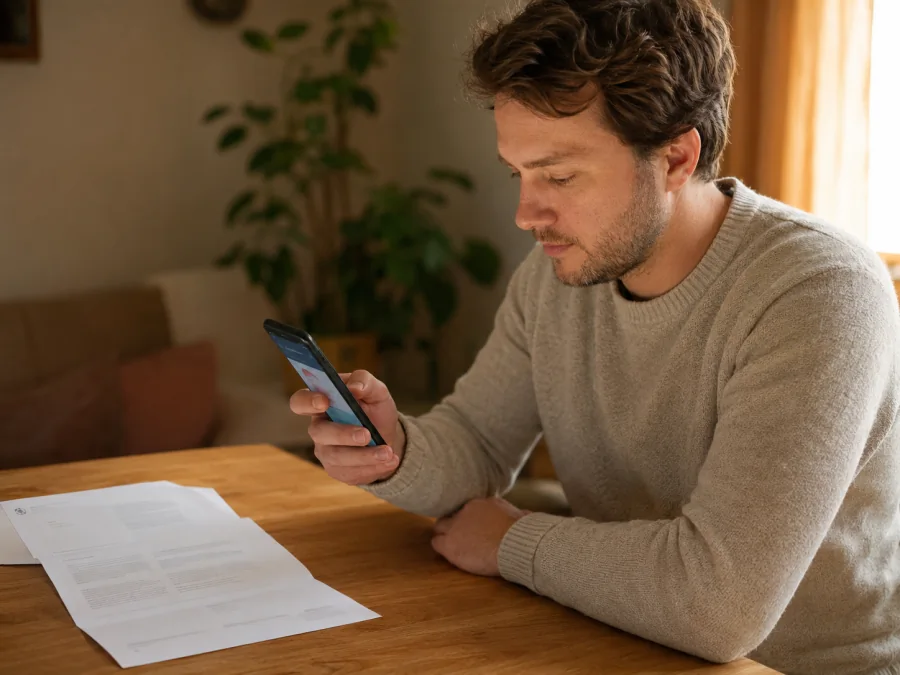 Angestellte:r mit einem Bescheid vom Finanzamt am Küchentisch, Restio auf dem Handy daneben.
