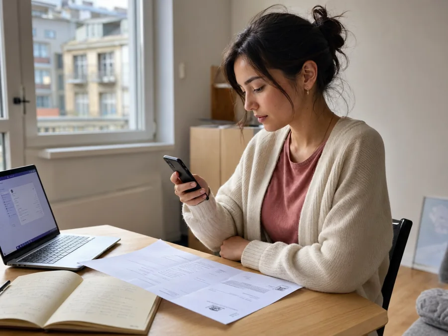 Expat am Esstisch mit englischsprachigem Laptop und deutschem Brief vom Finanzamt.