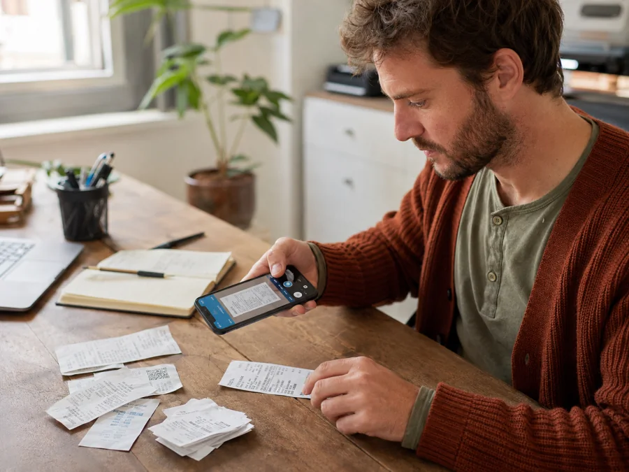 Freelancer at desk with receipts and invoice, Restio scanning a receipt via phone.